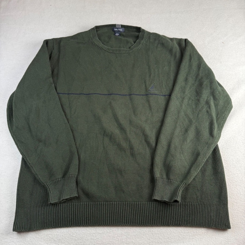 Nautica Mens XXL Olive Green Cotton Crewneck Sweater Navy Stripe Pullover